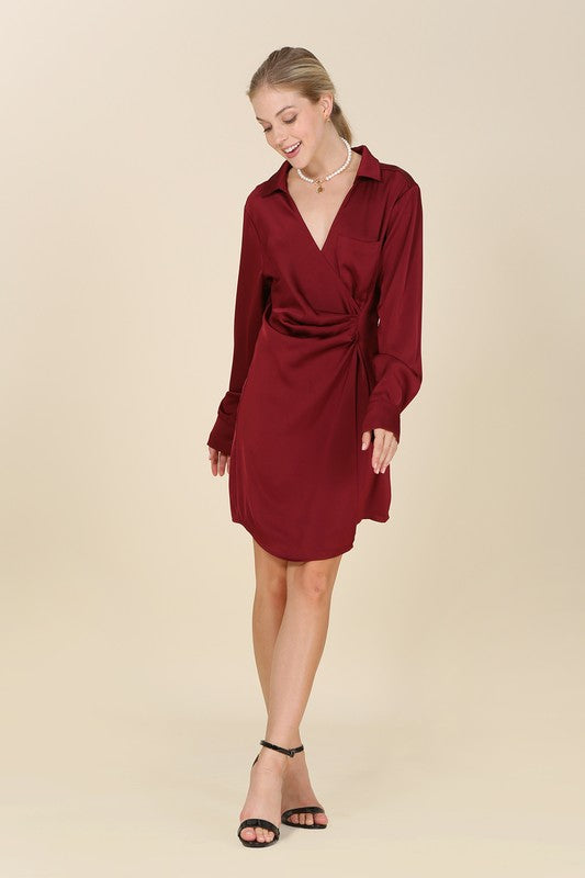 Satin collared wrap mini dress - online exclusive