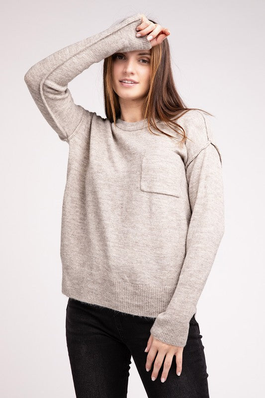 Melange Hi-Low Hem Round Neck Sweater - online exclusive