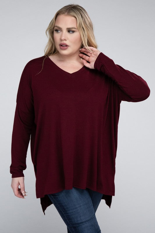 Plus Size Dolman Sleeve V-Neck Side Slit Hi-Low Hem Top - Online Exclusive