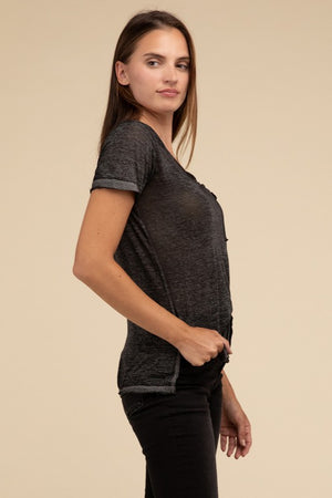 Washed Melange Burnout Scoop V-Neck Top - Online Exclusive