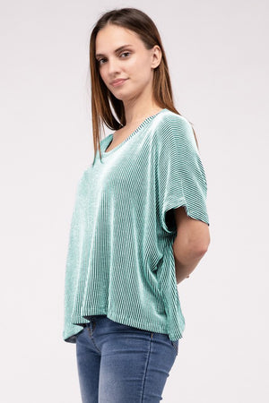 Ribbed Striped Oversized Short Sleeve Top - online exclusive