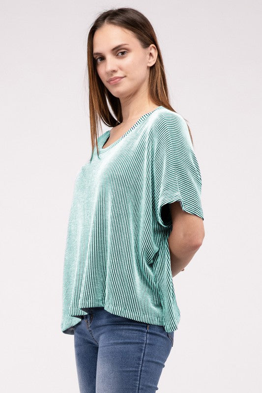 Ribbed Striped Oversized Short Sleeve Top - online exclusive