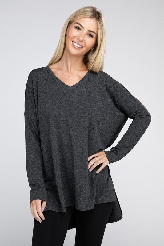 Dolman Long Sleeve V-Neck Side Slit Hi-Low Hem Top - Online Exclusive