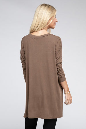 Dolman Long Sleeve V-Neck Side Slit Hi-Low Hem Top - Online Exclusive