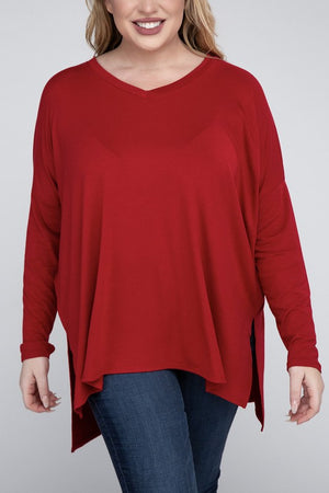 Plus Size Dolman Sleeve V-Neck Side Slit Hi-Low Hem Top - Online Exclusive