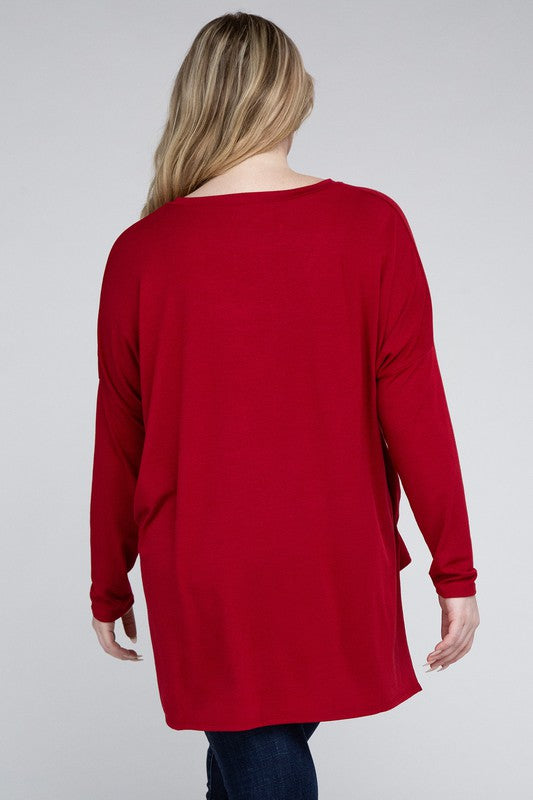 Plus Size Dolman Sleeve V-Neck Side Slit Hi-Low Hem Top - Online Exclusive