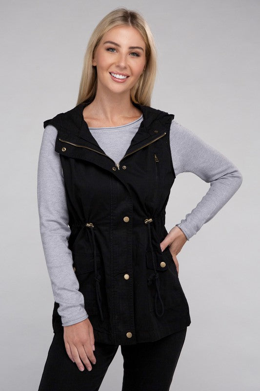 Drawstring Waist Military Hoodie Vest - online exclusive