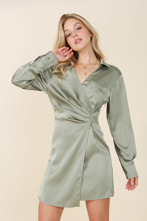 Satin collared wrap mini dress - online exclusive