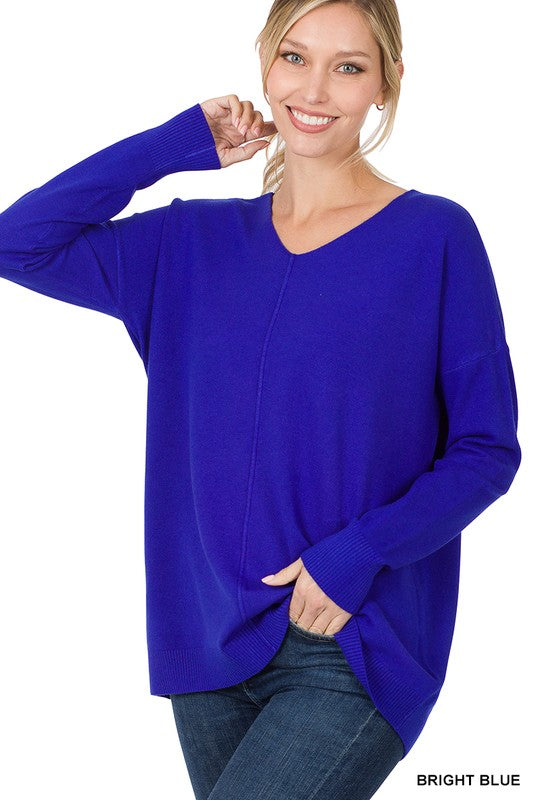 Hi-Low Garment Dyed V-Neck Front Seam Sweater - online exclusive