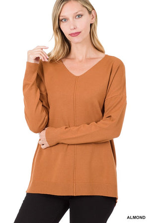 Hi-Low Garment Dyed V-Neck Front Seam Sweater - online exclusive