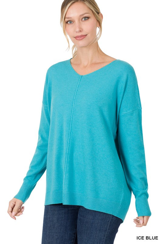 Hi-Low Garment Dyed V-Neck Front Seam Sweater - online exclusive