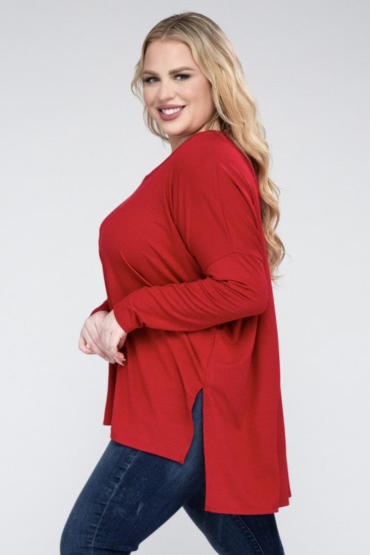 Plus Size Dolman Sleeve V-Neck Side Slit Hi-Low Hem Top - Online Exclusive