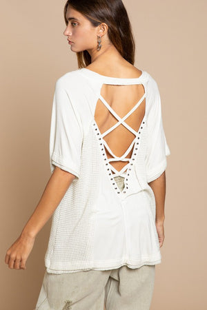 Studded Strappy Back Waffle Mixed Knit Top - Online Exclusive