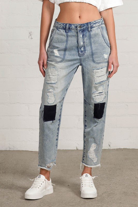 Patched Ripped Frayed Crop Jeans -online exclusive