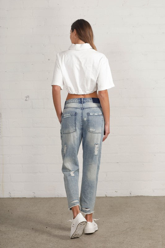 Patched Ripped Frayed Crop Jeans -online exclusive