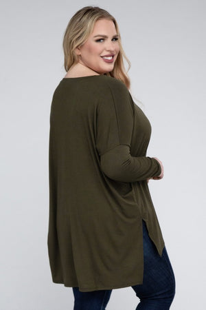 Plus Size Dolman Sleeve V-Neck Side Slit Hi-Low Hem Top - Online Exclusive