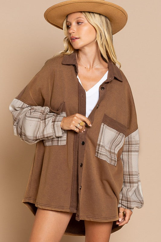 Long Sleeve With Plaid Detail Sleeve Shacket - Online Exclusive