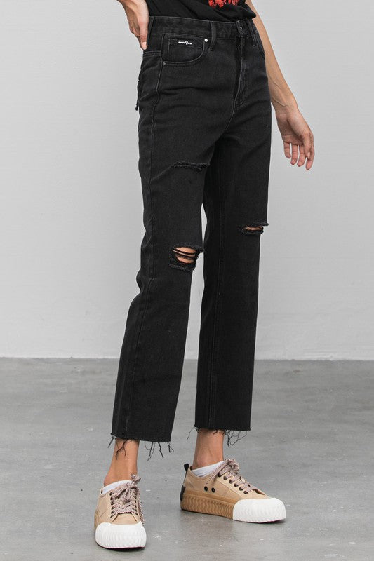 High Waist Ripped Raw Hem Crop Straight Jeans -online exclusive