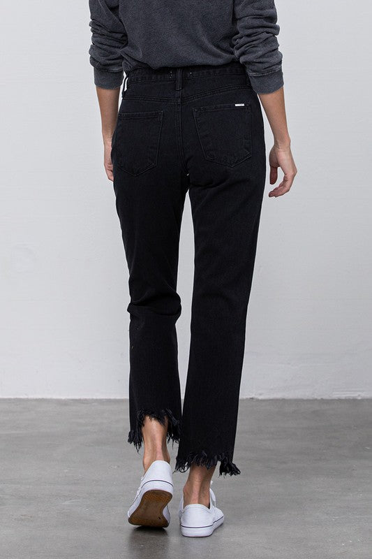 High Waist Ripped Frayed Hem Straight Jeans -online exclusive