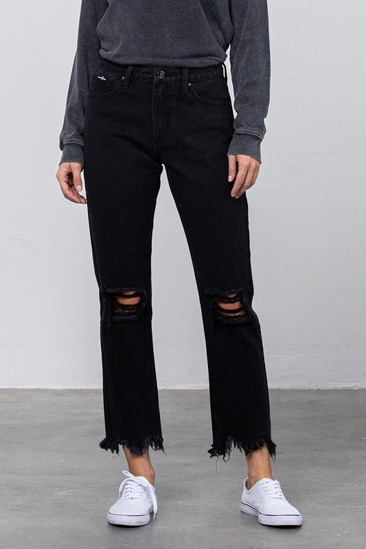High Waist Ripped Frayed Hem Straight Jeans -online exclusive
