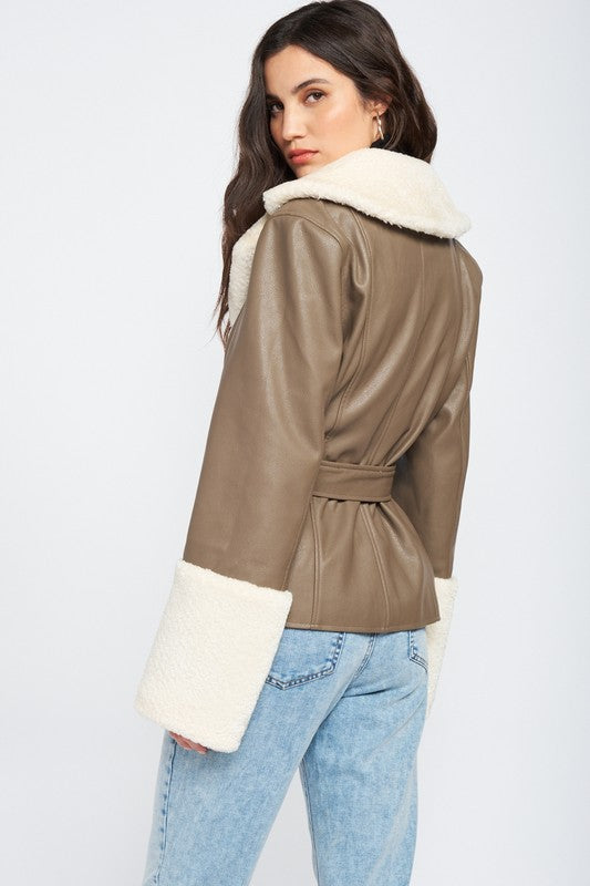 Belted Faux Leather Shearling Jacket