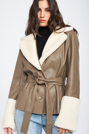 Belted Faux Leather Shearling Jacket