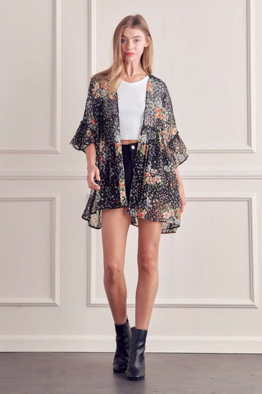 FLORAL PRINT RUFFLE SLEEVE KIMONO  - Online Exclusive