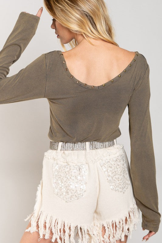 Studded Ribbed V-Neck Top - Online Exclusive