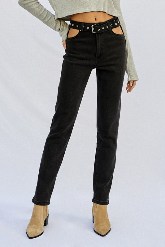 Cut Out Front Pocket Straight Jeans -online exclusive