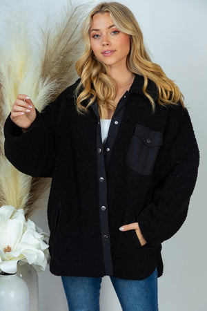 PLUS SIZE Long Sleeve Solid Woven Sherpa Jacket