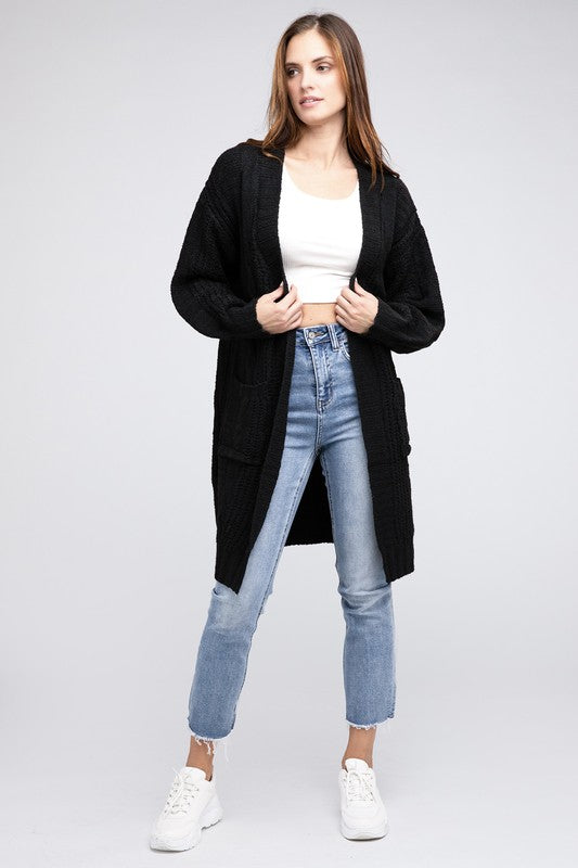 Twist Knitted Open Front Cardigan With Pockets - online exclusive