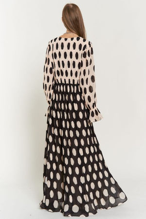 Polka Dot Ruffled Long Sleeve Pleated Maxi Dress