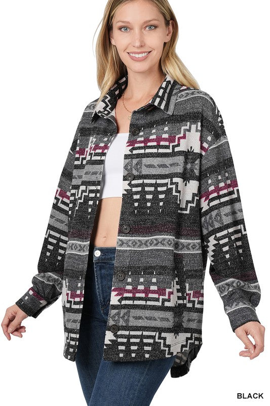 Jacquard Aztec Oversized Shacket With Pockets