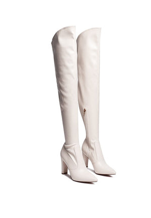 ZADE THIGH HIGH LONG BOOTS IN STRETCH FAUX PATENT LEATHER