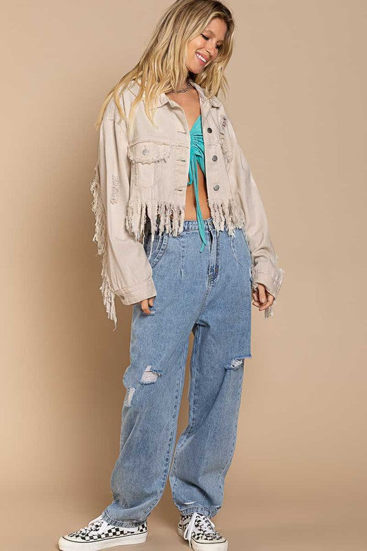 Plus Size Fringe-Detailed Cropped Denim Jacket online exclusive