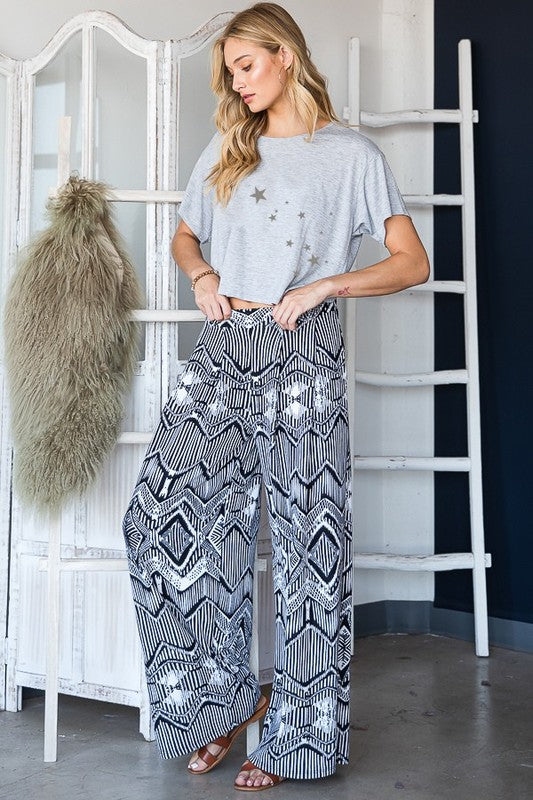 RETRO VINTAGE PRINT WIDE PANTS WITH POCEKTS - Plus Size  - Online Exclusive