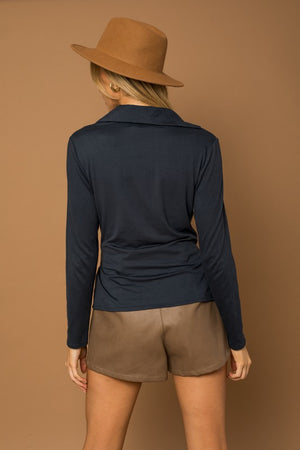 Long Sleeve Collared Front Knot Top