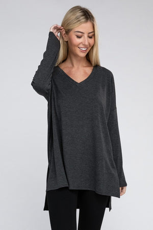 Dolman Long Sleeve V-Neck Side Slit Hi-Low Hem Top - Online Exclusive