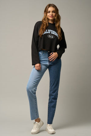 High Waist Two Tone Raw Hem Straight Jeans -online exclusive