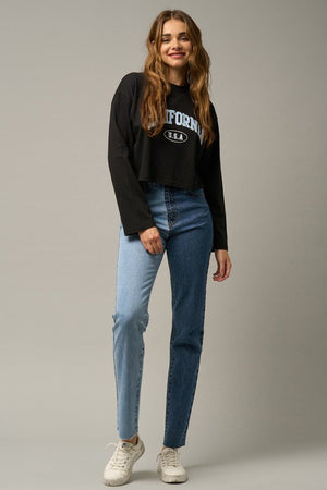 High Waist Two Tone Raw Hem Straight Jeans -online exclusive