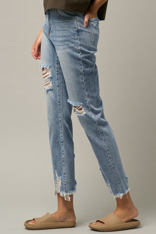 High Waist Distressed Fray Straight Jeans - Online Exclusive