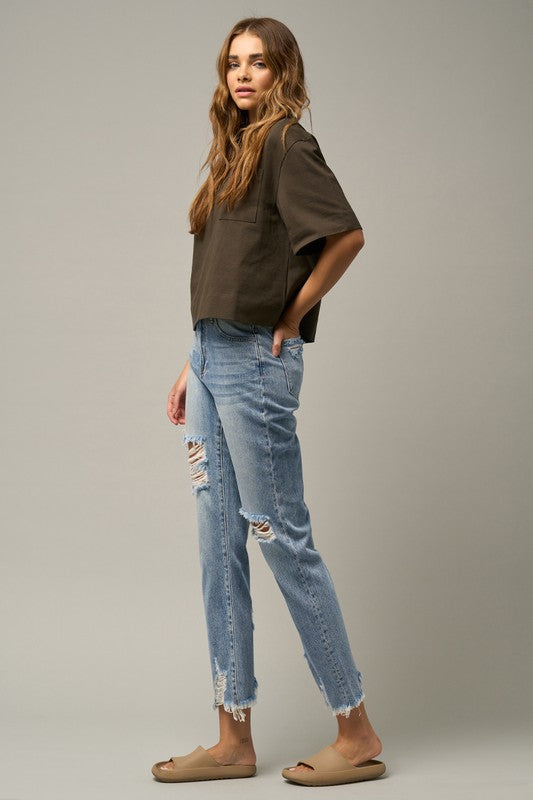 High Waist Distressed Fray Straight Jeans - Online Exclusive