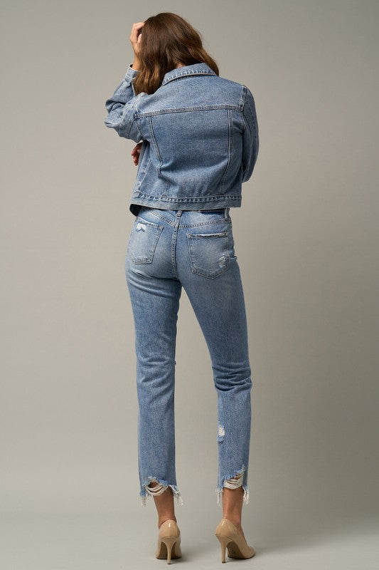 High Waist Distressed Fray Straight Jeans - Online Exclusive