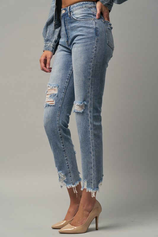 High Waist Distressed Fray Straight Jeans - Online Exclusive