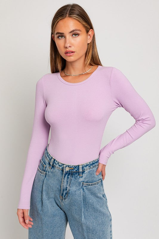 Long Sleeve Round Neck Ribbed Bodysuit - online exclusive