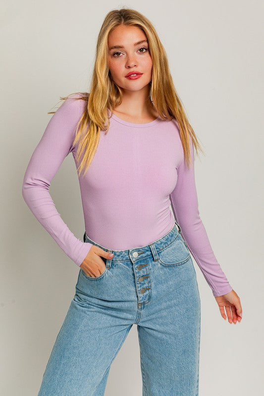 Long Sleeve Round Neck Ribbed Bodysuit - online exclusive