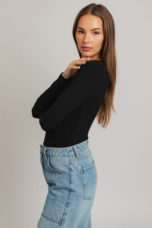 Long Sleeve Round Neck Ribbed Bodysuit - online exclusive