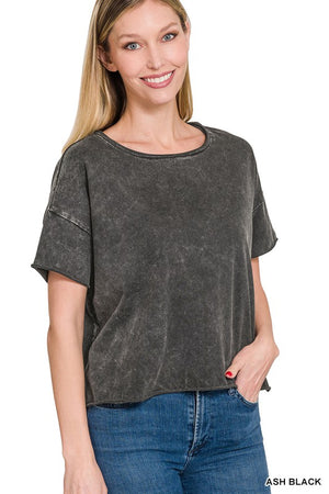 Acid Wash Raw Edge Short Sleeve Crop Top - online exclusive