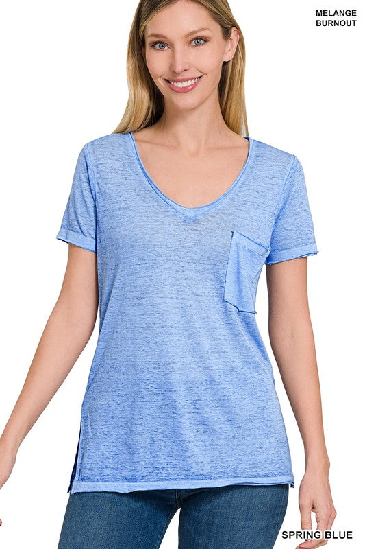 Washed Melange Burnout Scoop V-Neck Top - Online Exclusive