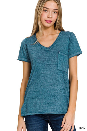 Washed Melange Burnout Scoop V-Neck Top - Online Exclusive